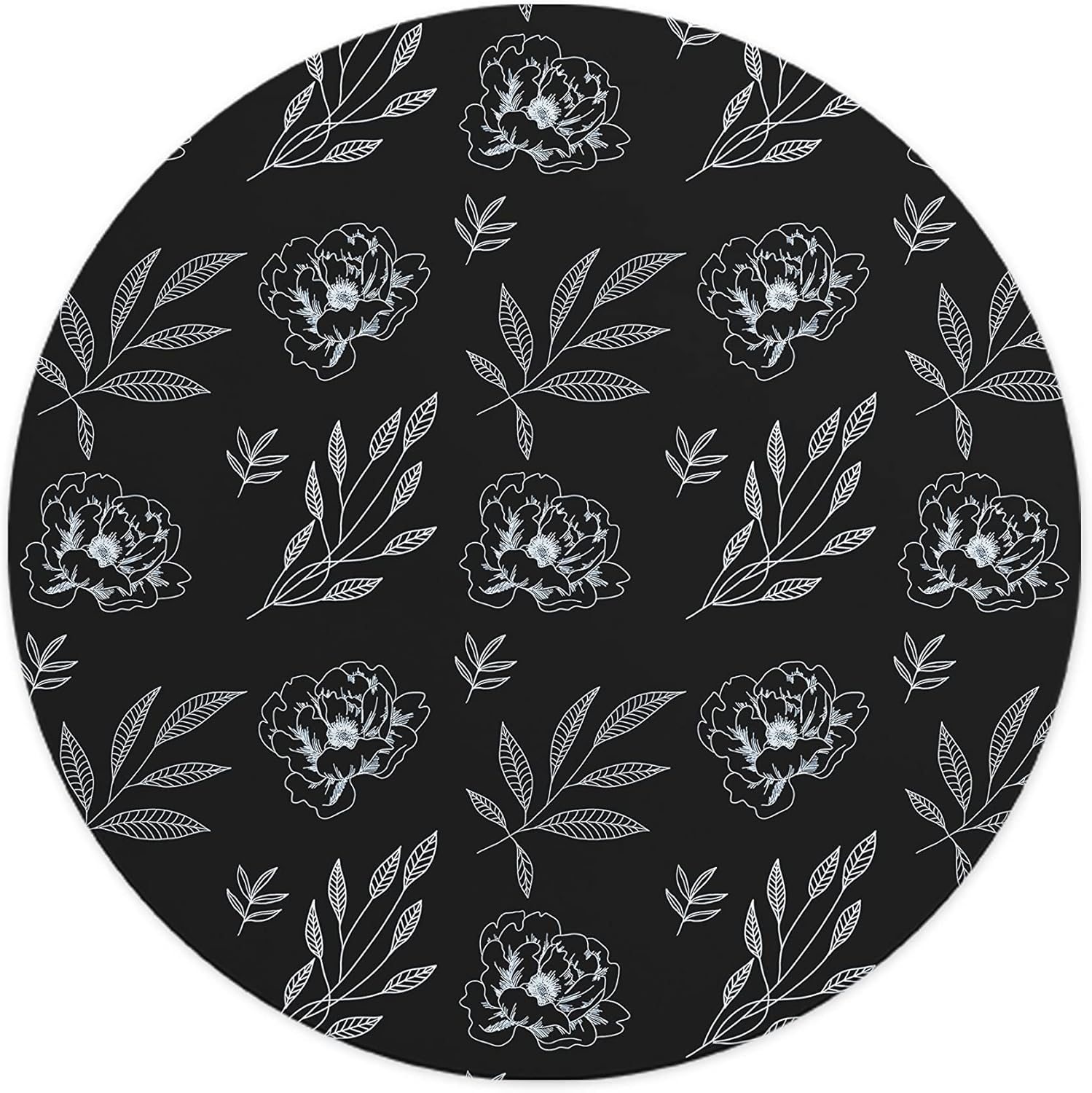 Mousepad Rotund 22 cm – Rafinament Botanic cu Design Line Art Flori Albe pe Negru